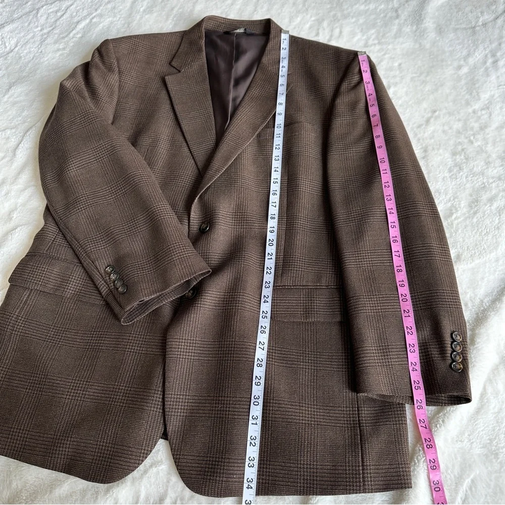 Jos A Bank 46L Beige Blue 100% Wool Sport Coat Glen Check Pattern